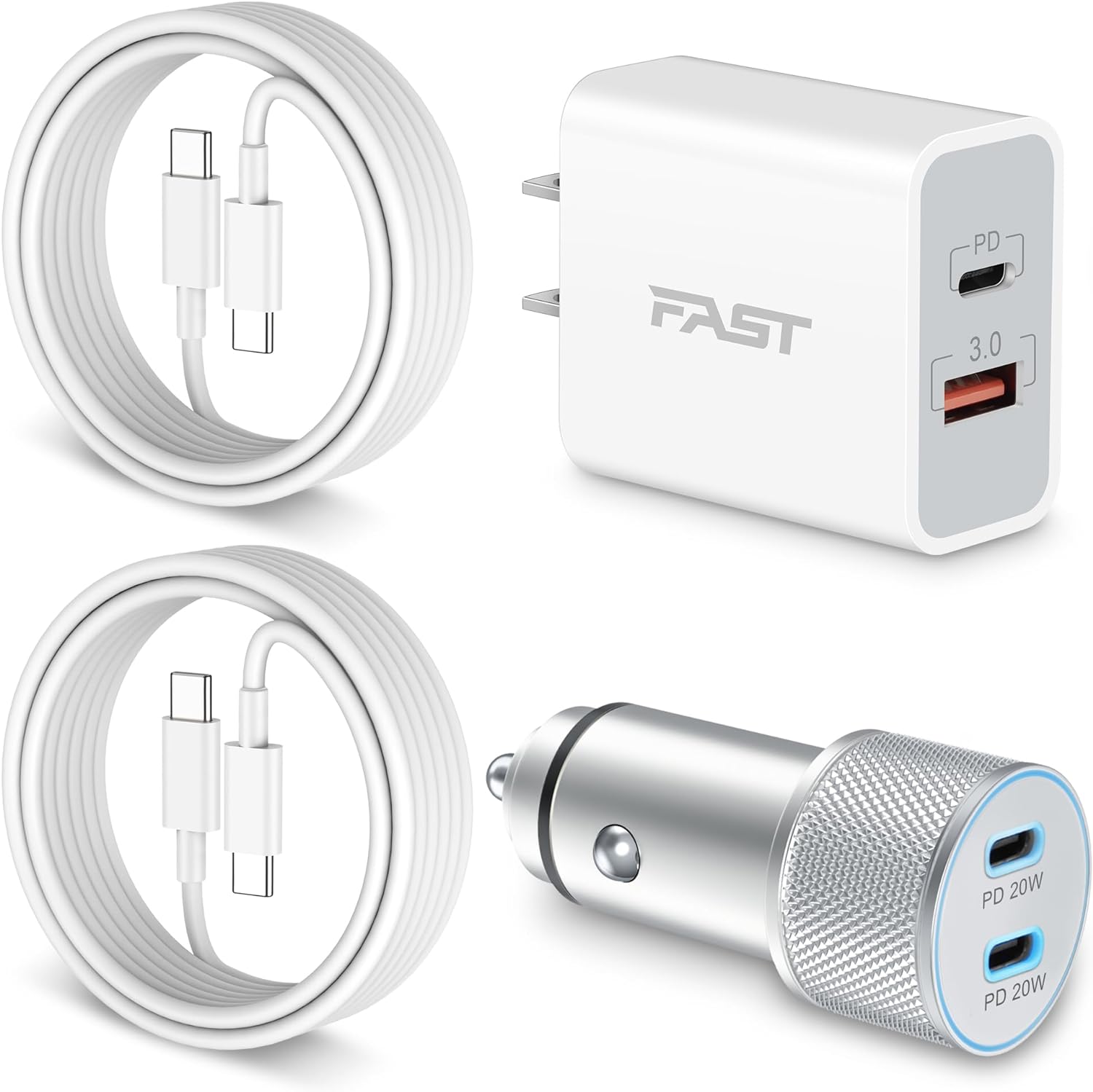 iPhone 15/15 Pro Max Car Charger, 20W Fast USB C Wall Charger Block + 40W Dual Port USB C Car Charger Adapter for iPhone 15/15 Plus/15 Pro Max, Pad Pro, AirPods Pro with 2-Pack 3FT USB-C to C Cable