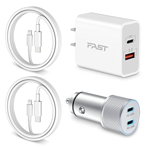 iPhone 14 13 Fast Charger [Apple MFi Certified], LUOSIKE 40W 2Port USB-C Car Charger + 20W USB C Wall Charger Block + 2 X Lightning Cable Fast Charging for iPhone 14 13 Pro Max Mini 12 11 XS XR, iPad