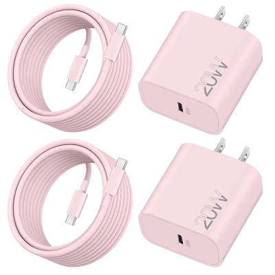 20W USB C Fast Charger for iPhone 15/15 Plus/15 Pro/15 Pro Max, iPad Pro 12.9/11 inch, iPad Air 5/4th, iPad 10/Mini 6, 2Pack Type C Fast Wall Charger Block Plug with 10FT Long USB C to C Cable (Pink