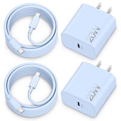 USB C Charger, 2-Pack 20W Type C Fast Wall Charger Block Power Adapter for iPhone 15/15 Plus/15 Pro/15 Pro Max, iPad Pro 12.9/11 inch, iPad Air 5/4th, iPad 10th with 6FT USB-C to USB-C Cable (Blue)