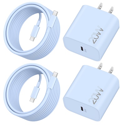 20W USB C Fast Charger for iPhone 15/15 Plus/15 Pro/15 Pro Max, iPad Pro 12.9/11 inch, iPad Air 5/4th, iPad 10/Mini 6, 2Pack Type C Fast Wall Charger Block Plug with 10FT Long USB C to C Cable (Blue)